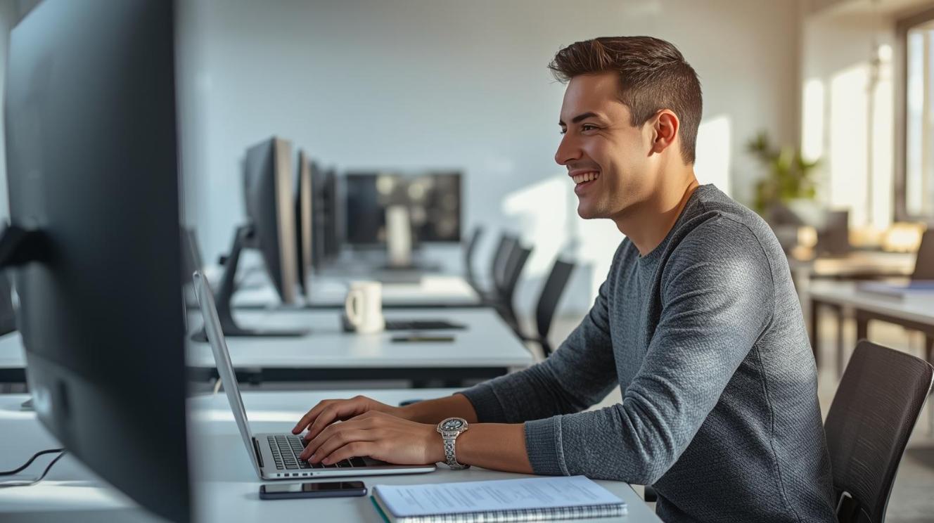 Software professional reviewing video performance in a bright workspace with confident, optimistic expression.